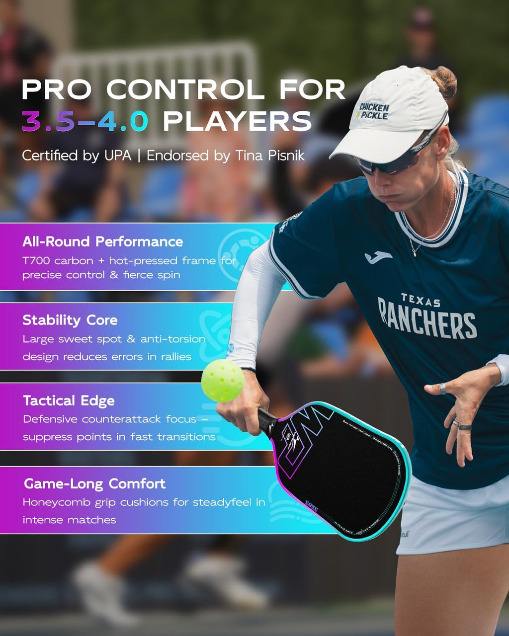 Neon Pickleball Paddle 16mm Core in blue, purple, violet Warping Point
